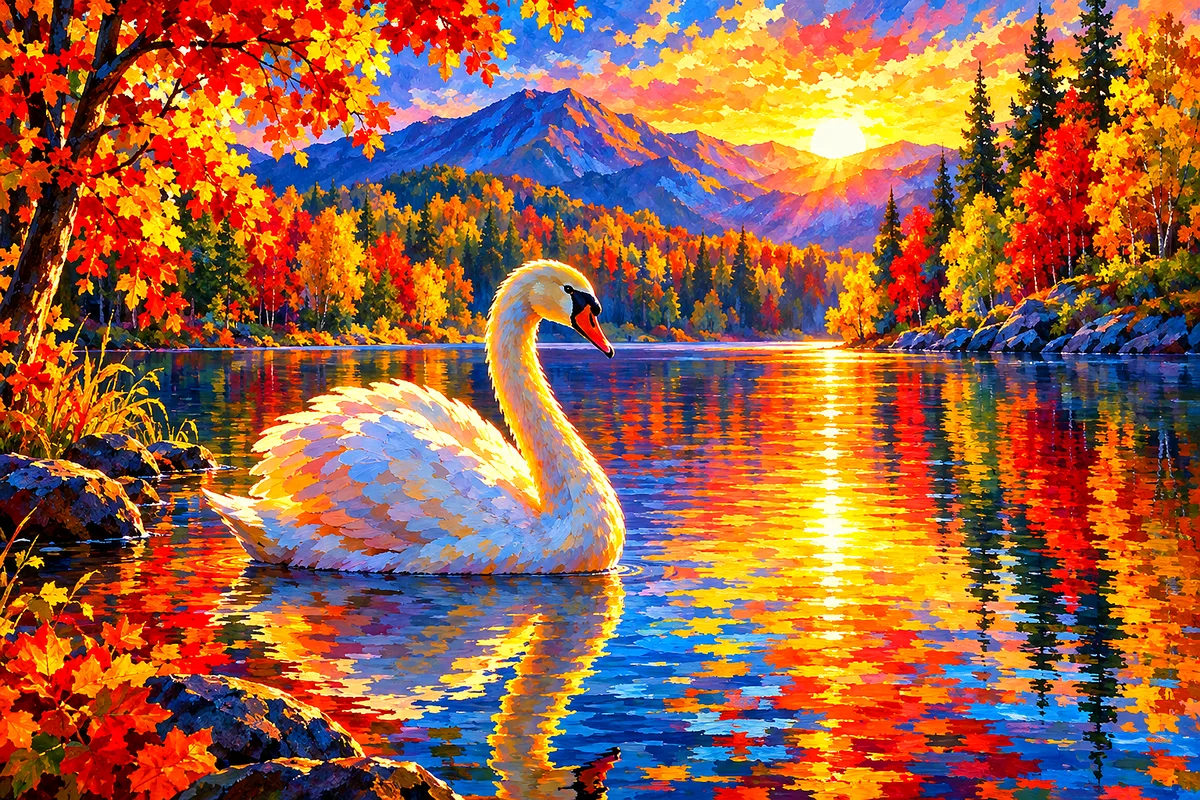 Impressionistic diamond painting kit of an autumn lake with dramatic rim-lit colorful trees reflecting on the water's surface under dappled light.