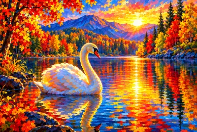 Impressionistic diamond painting kit of an autumn lake with dramatic rim-lit colorful trees reflecting on the water's surface under dappled light.