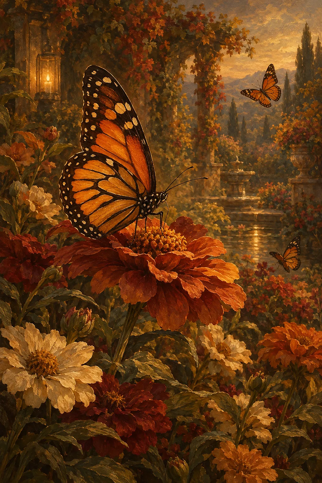 Portrait canvas of butterflies with delicate wings fluttering over a flower garden in warm, earthy autumn tones, depicted in a classical oil painting