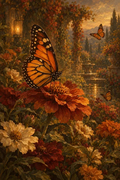 Portrait canvas of butterflies with delicate wings fluttering over a flower garden in warm, earthy autumn tones, depicted in a classical oil painting