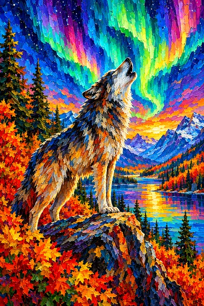 A portrait canvas showing a wolf howling upwards, silhouetted against a vibrant green and blue aurora borealis. The foreground features rich autumn-to