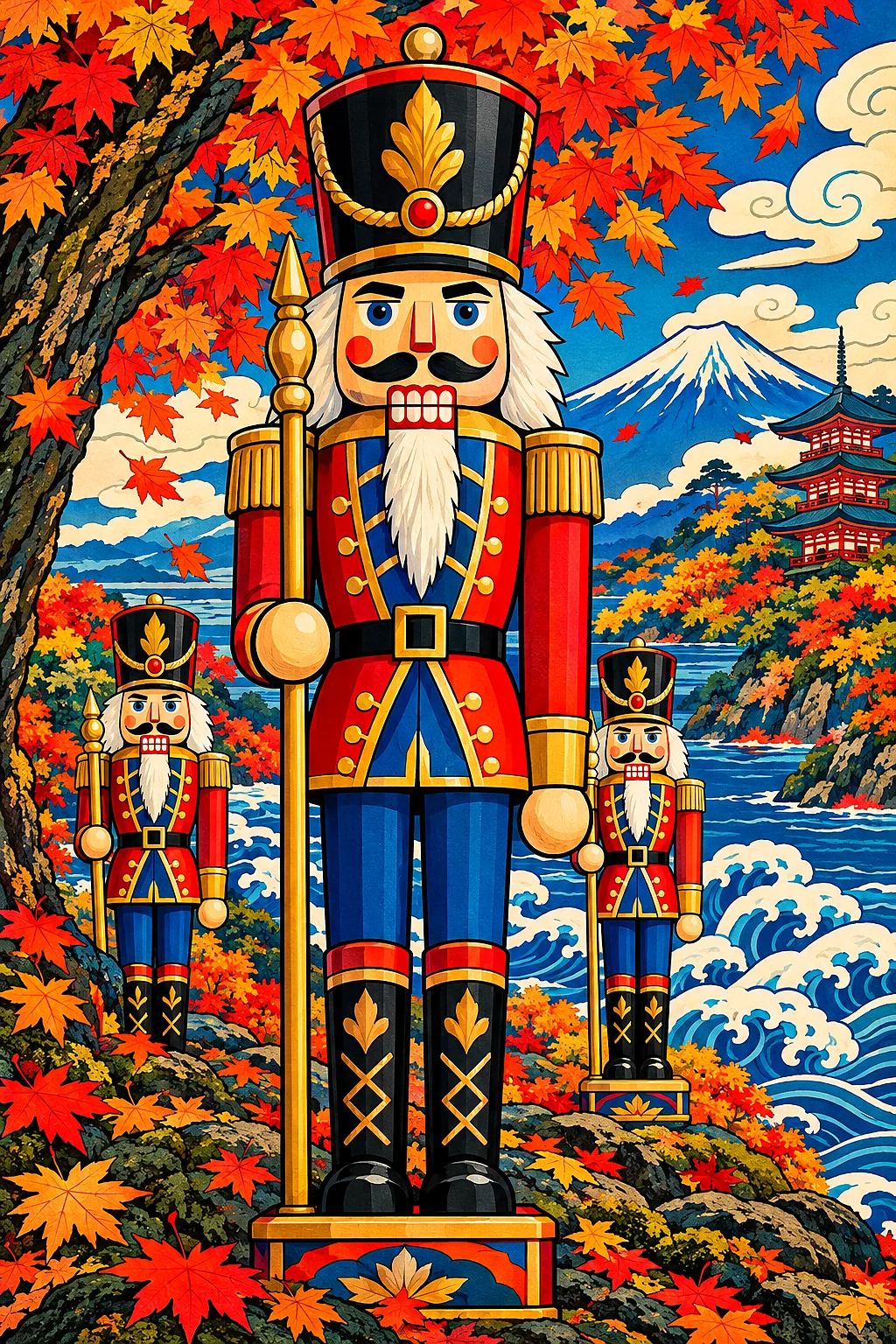 Diamond painting kit featuring nutcracker soldiers in a traditional Japanese woodblock print style with bold outlines and flat, rich autumn-toned colo