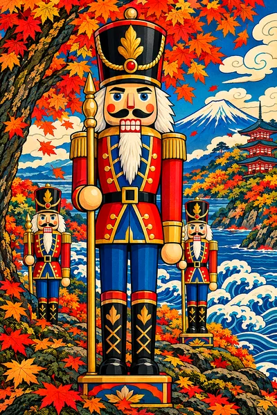 Diamond painting kit featuring nutcracker soldiers in a traditional Japanese woodblock print style with bold outlines and flat, rich autumn-toned colo