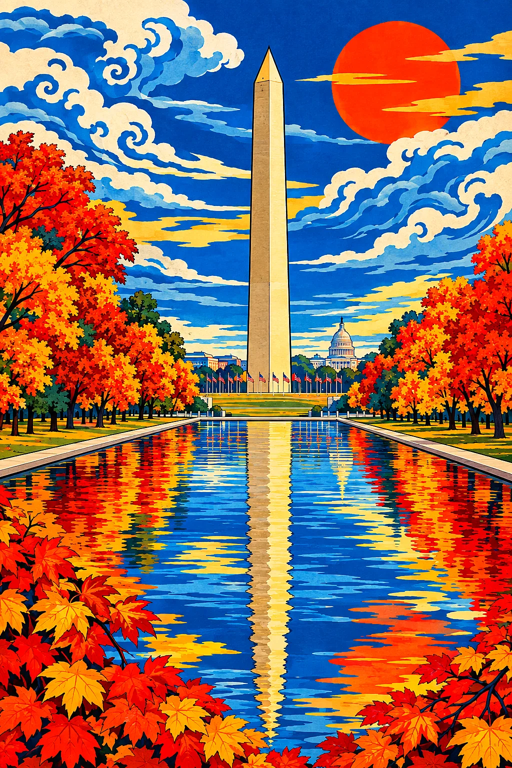 Portrait diamond painting featuring a tall, slender white obelisk with a pointed top, reflected in a still pool of water below, surrounded by trees wi