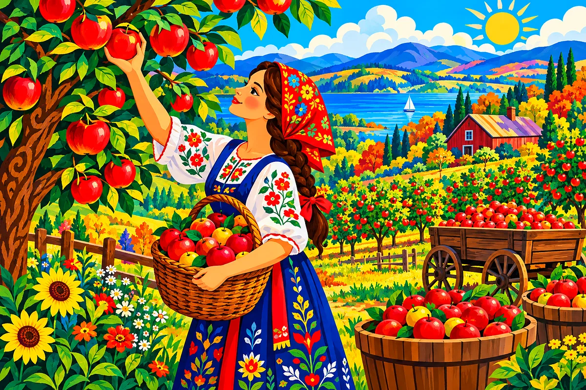 Bright folk art illustration of an apple orchard in autumn with red and green apples, decorative patterns, and vivid flat colors.