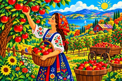 Bright folk art illustration of an apple orchard in autumn with red and green apples, decorative patterns, and vivid flat colors.