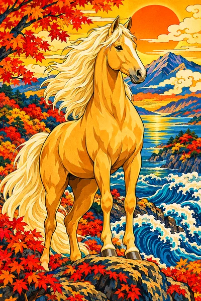 Portrait diamond painting of a palomino horse in golden light, designed in a Japanese woodblock print style with bold outlines and flat colors, surrou