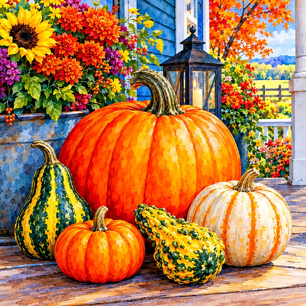 Close-up diamond painting of pumpkins and gourds on a farmhouse porch, rendered in a luminous watercolor style with vibrant colors.