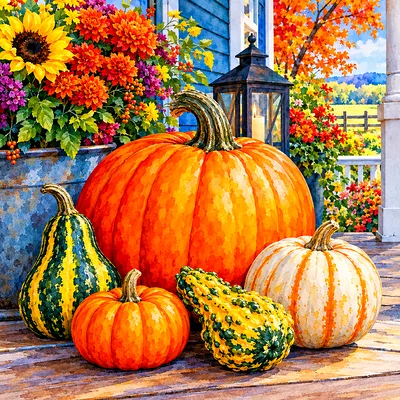 Close-up diamond painting of pumpkins and gourds on a farmhouse porch, rendered in a luminous watercolor style with vibrant colors.