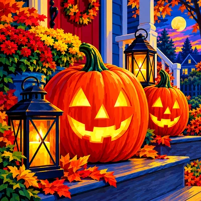 Retro vintage illustration of glowing halloween pumpkins and lanterns on a porch in a close-up square composition with bold, saturated colors.
