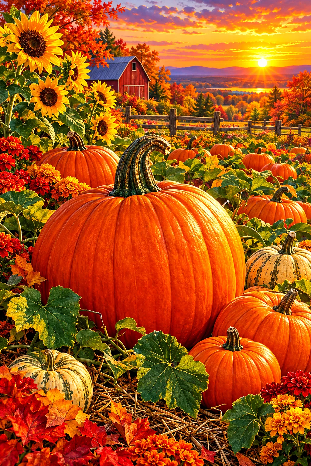Portrait orientation diamond painting of a lush, detailed pumpkin patch at sunset with warm, glowing light, rich orange and green pumpkins, and fine b