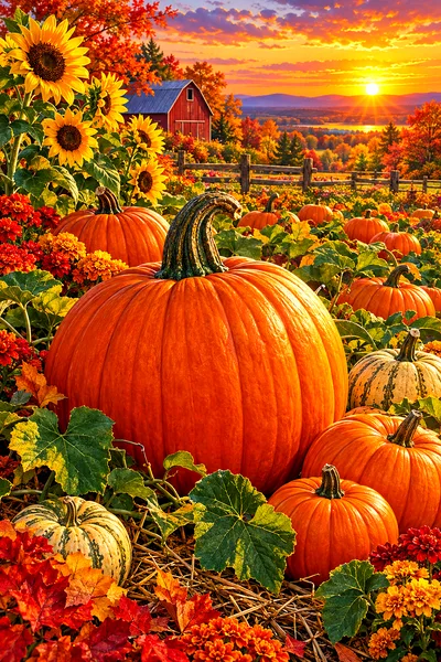 Portrait orientation diamond painting of a lush, detailed pumpkin patch at sunset with warm, glowing light, rich orange and green pumpkins, and fine b