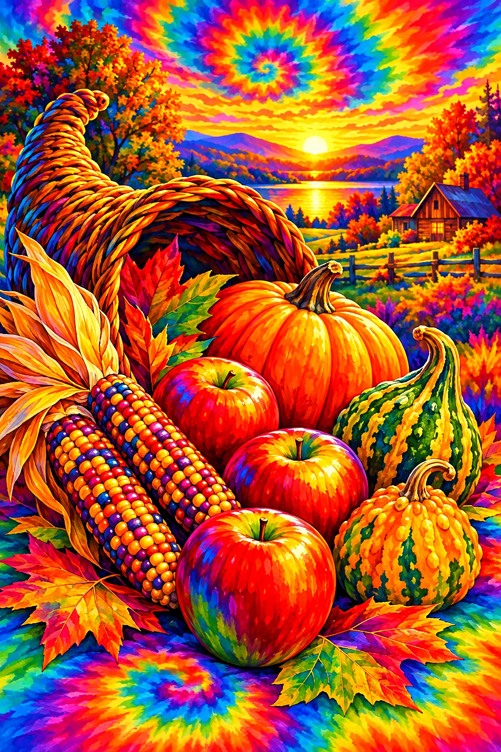 A portrait-oriented diamond painting kit design showing a pilgrim-style still life of corn, gourds, and apples rendered in psychedelic tie-dye swirl a