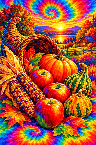 A portrait-oriented diamond painting kit design showing a pilgrim-style still life of corn, gourds, and apples rendered in psychedelic tie-dye swirl a