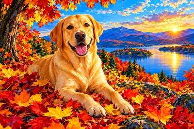 A golden Labrador retriever sitting gracefully amidst a vibrant, sun-drenched autumn forest with colorful red, orange, and yellow leaves under a brigh