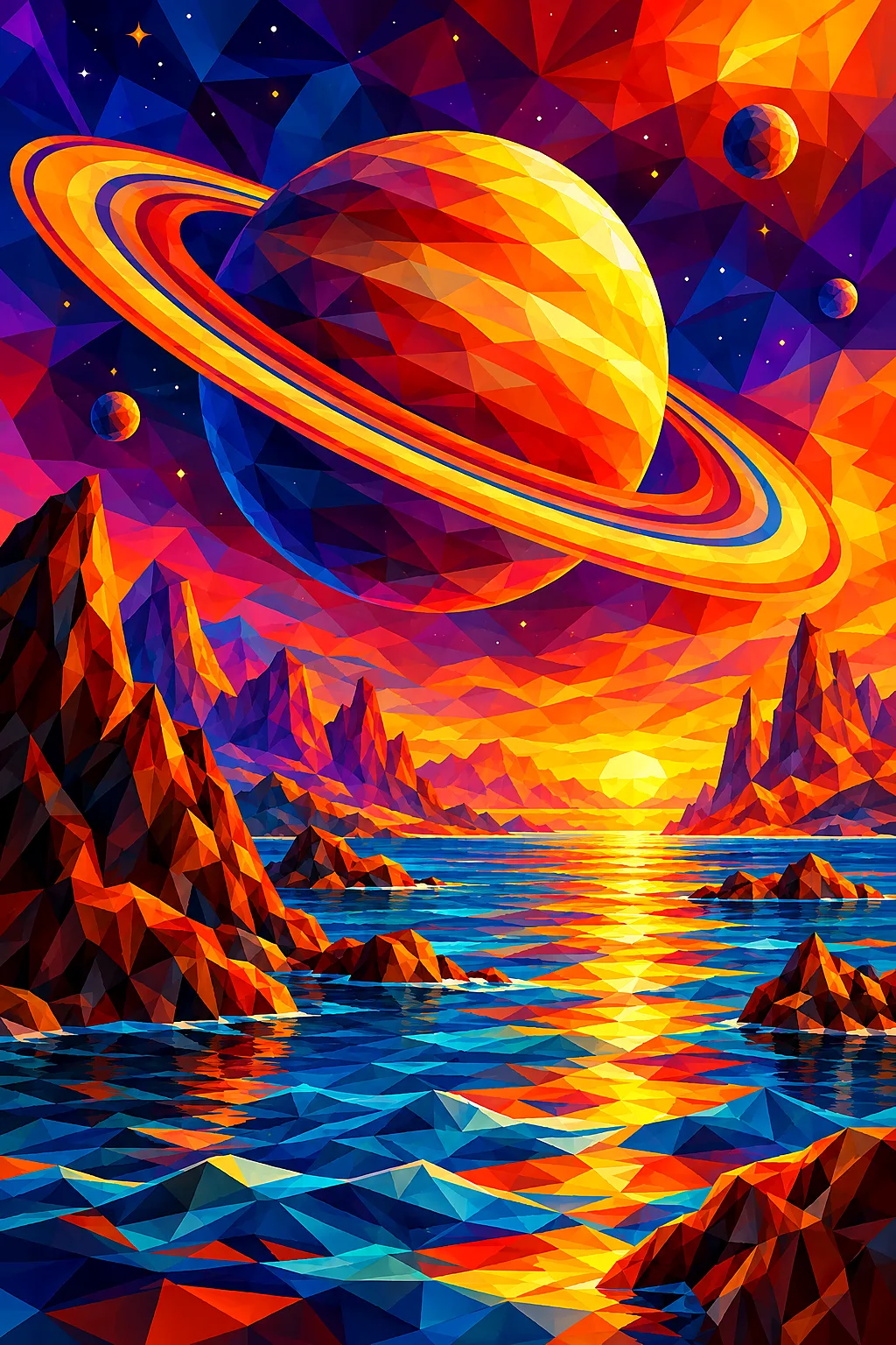 Faceted low-poly geometric art diamond painting depicting a large ringed planet in autumn colors over a deep blue alien ocean at sunset, with sharp co