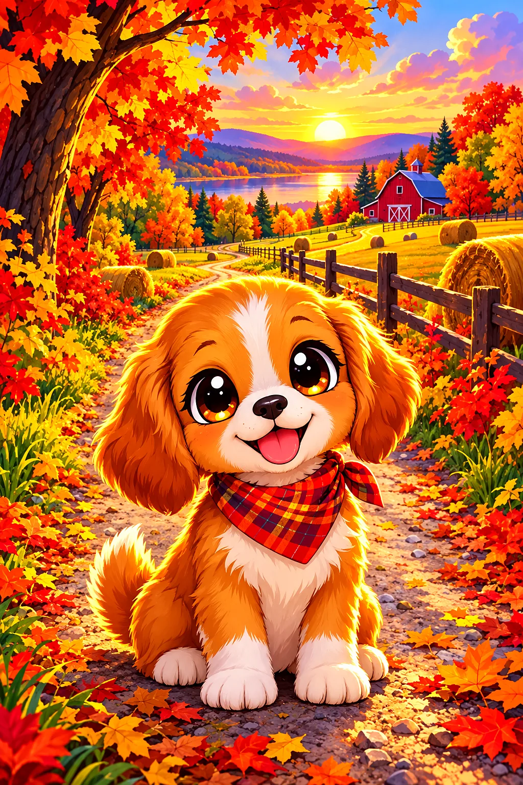 Portrait diamond painting kit showing a whimsical autumn country road with blazing orange, red, and yellow trees, adorable hay bales with big sparklin