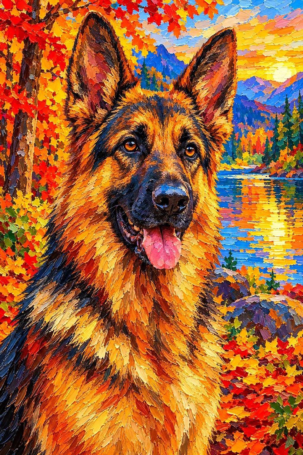Portrait oriented diamond painting kit featuring a majestic German Shepherd in rich impasto oil painting style, bathed in warm autumn light with bold,