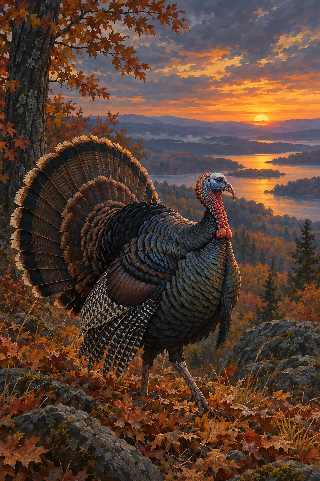 A wild turkey with iridescent feathers struts through golden autumn leaves under a dramatic sunset sky in a moody, atmospheric diamond painting.