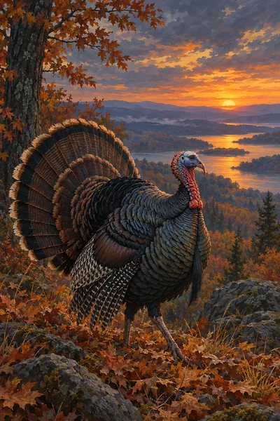 A wild turkey with iridescent feathers struts through golden autumn leaves under a dramatic sunset sky in a moody, atmospheric diamond painting.