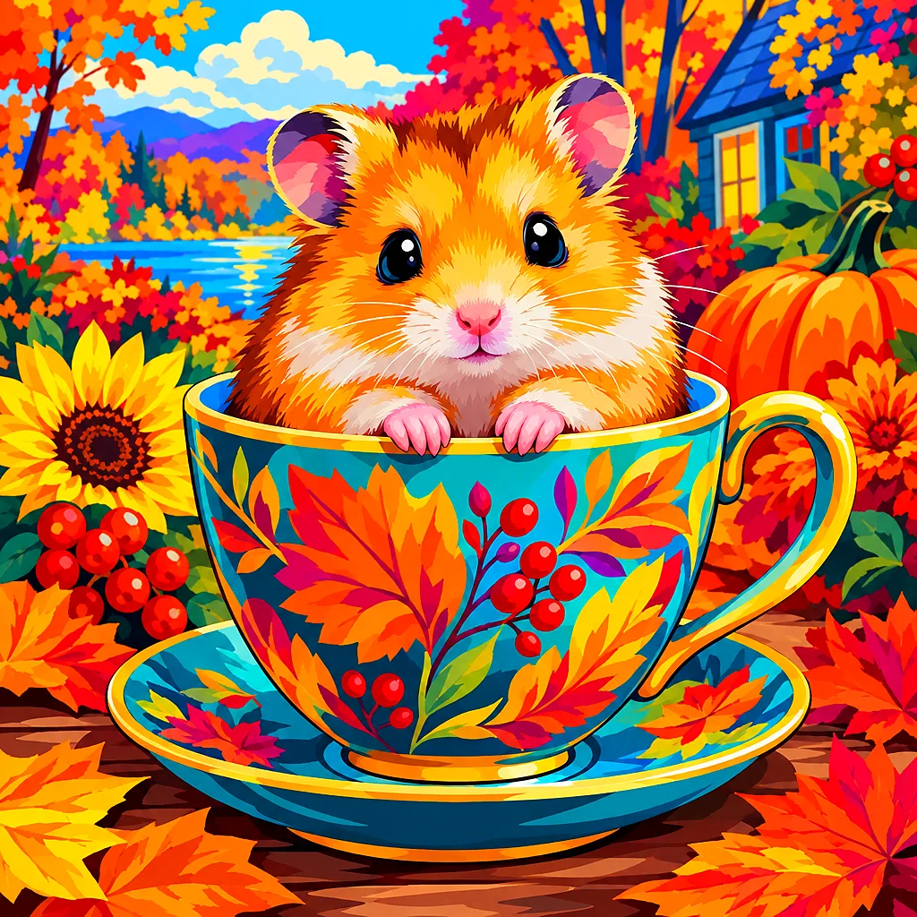 Bold pop art illustration of a hamster in a teacup, featuring electric neon colors and rich autumn tones, on a square diamond painting canvas.