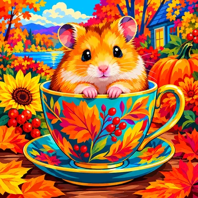 Bold pop art illustration of a hamster in a teacup, featuring electric neon colors and rich autumn tones, on a square diamond painting canvas.