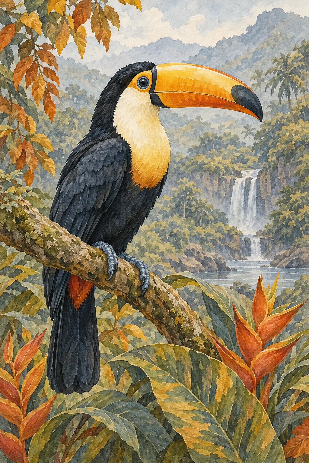 Portrait diamond painting of a toucan with a large beak, rendered in delicate ink and watercolor wash with muted slate blue, grey, and soft ochre, per