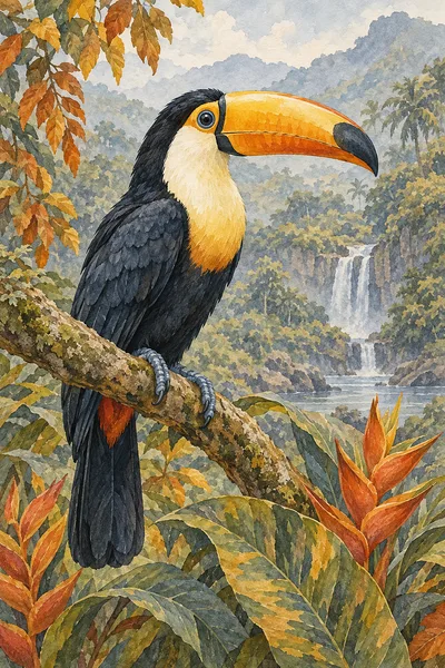Portrait diamond painting of a toucan with a large beak, rendered in delicate ink and watercolor wash with muted slate blue, grey, and soft ochre, per