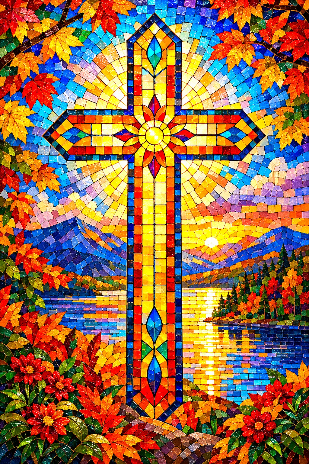 A completed diamond painting kit showing a glowing stained glass cross window in rich autumn tones, rendered in glossy ceramic mosaic tiles with vivid