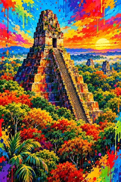 Portrait diamond painting kit featuring a majestic Mayan temple rising above a dense jungle canopy, depicted in a high-energy acrylic style with rainb