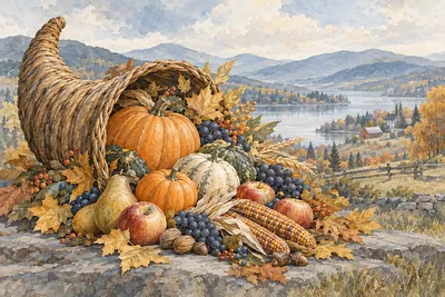 A wide landscape diamond painting depicting a cornucopia overflowing with autumn gourds, leaves, and berries in a delicate muted ink and watercolor st