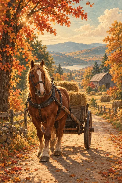Portrait diamond painting depicting an antique hand-tinted vintage illustration of an autumn country road lined with blazing trees and hay bales, with