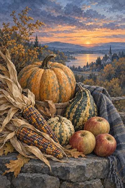 Portrait diamond painting canvas depicting a pilgrim-style still life with corn, gourds, and apples in muted slate blue, grey, and ochre, set against