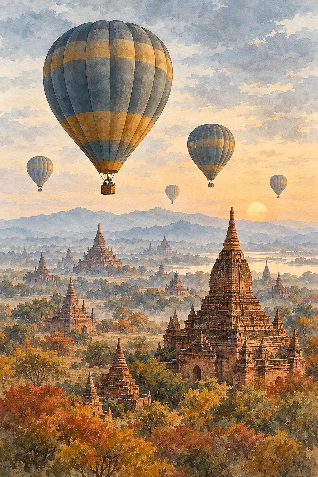 Portrait view of hot air balloons floating above ancient temples at sunrise, rendered in a delicate ink and watercolor style with muted slate blue, gr