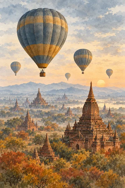 Portrait view of hot air balloons floating above ancient temples at sunrise, rendered in a delicate ink and watercolor style with muted slate blue, gr