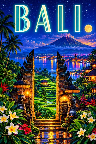 Portrait diamond painting of a jungle temple gate with emerald rice terraces, frangipani, and a volcano at night under a starry indigo sky with a glow