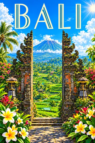 Polished digital painting of an ornate stone temple gate in Bali, surrounded by lush emerald rice terraces and pink frangipani flowers, under a bright