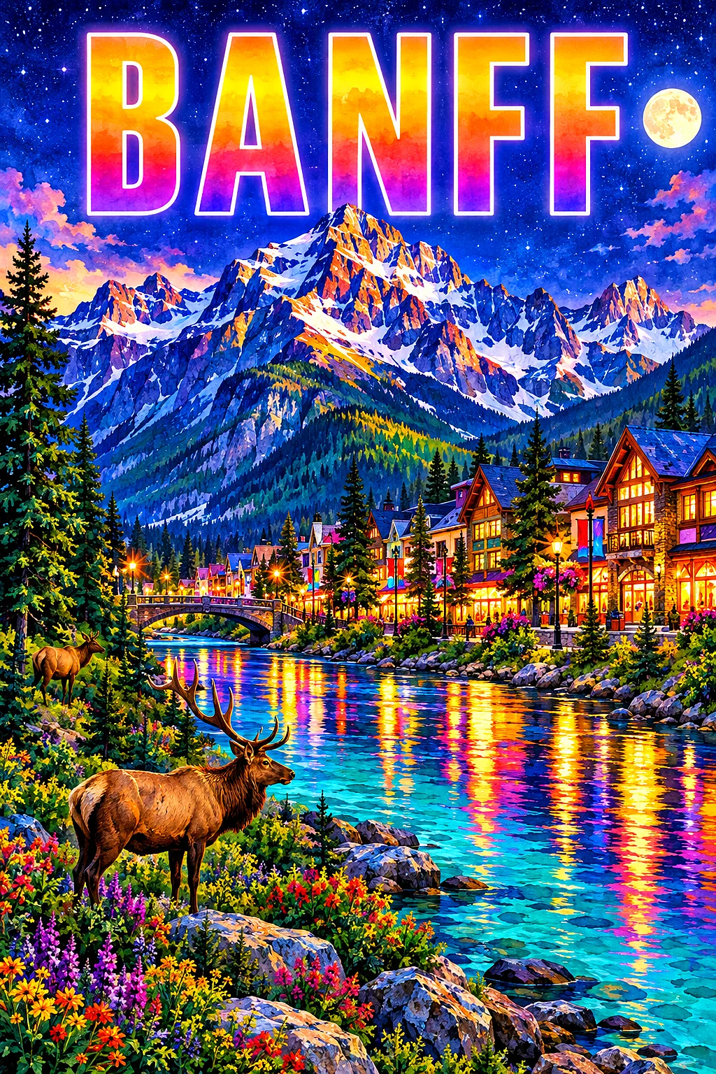 Portrait diamond painting depicting a Canadian mountain village main street at night, with an elk, pine trees, and a turquoise river under a starry in