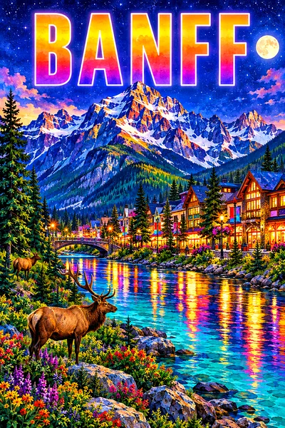 Portrait diamond painting depicting a Canadian mountain village main street at night, with an elk, pine trees, and a turquoise river under a starry in