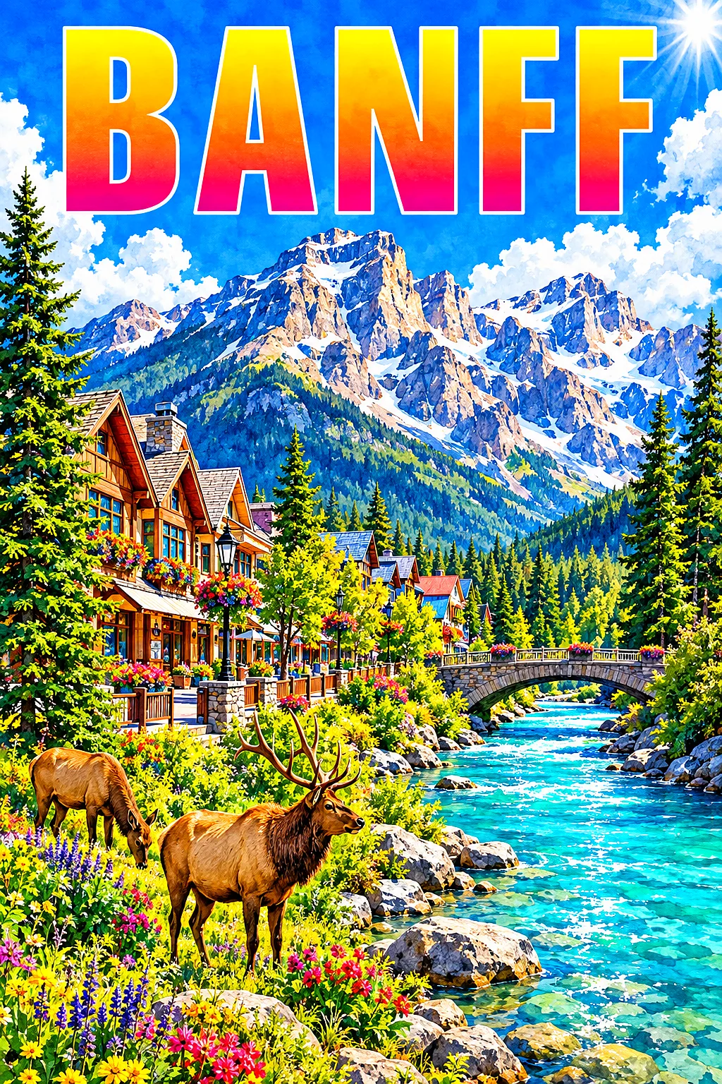 A diamond painting depicting a bright, sunny Canadian mountain village main street with elk, pine trees, and a turquoise river under a vivid blue sky