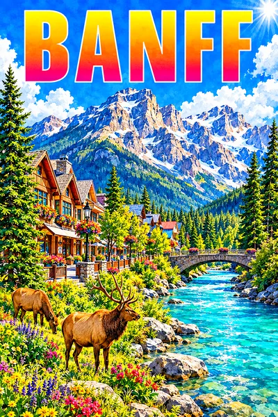 A diamond painting depicting a bright, sunny Canadian mountain village main street with elk, pine trees, and a turquoise river under a vivid blue sky