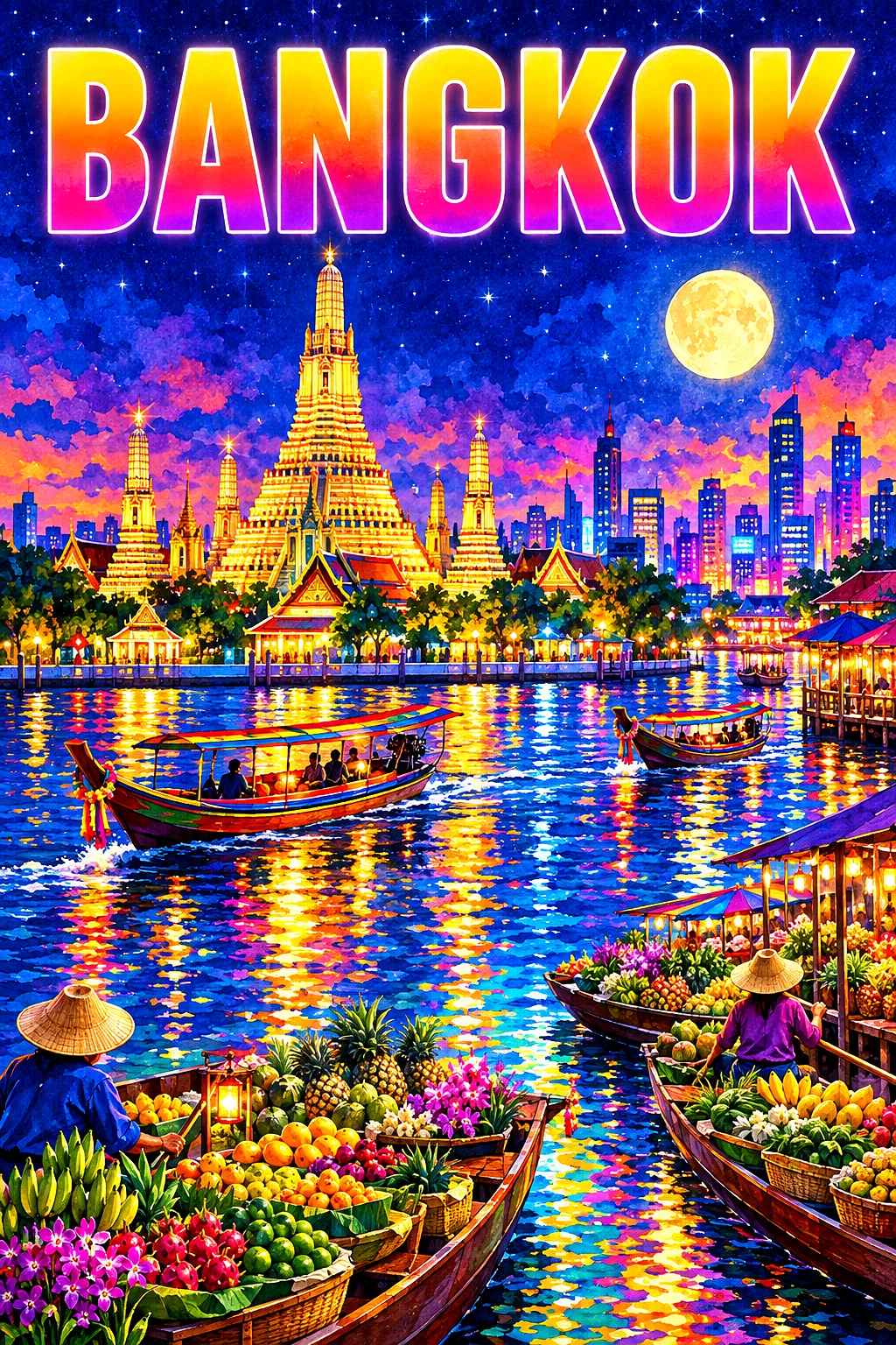 Portrait diamond painting kit featuring a luminous watercolor of Bangkok by night with a river, temple spires, and floating market.