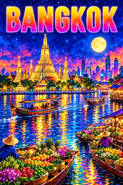 Portrait diamond painting kit featuring a luminous watercolor of Bangkok by night with a river, temple spires, and floating market.