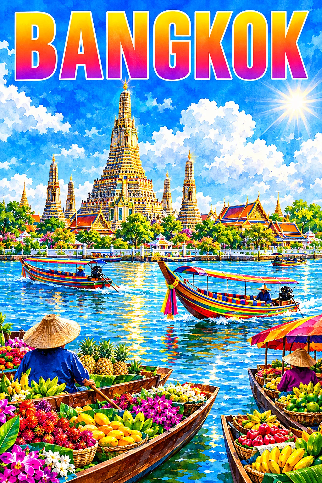 Portrait diamond painting kit depicting a luminous watercolor scene of a Bangkok river temple with glittering spires, longtail boats, a floating marke