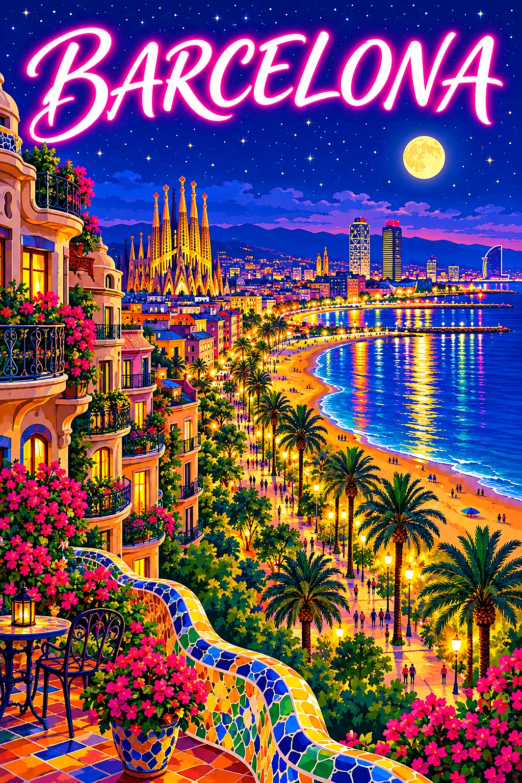 Retro-style illustration of Barcelona at night with ornate balconies, mosaic terraces, a tree-lined promenade, beach, starry indigo sky, glowing moon,
