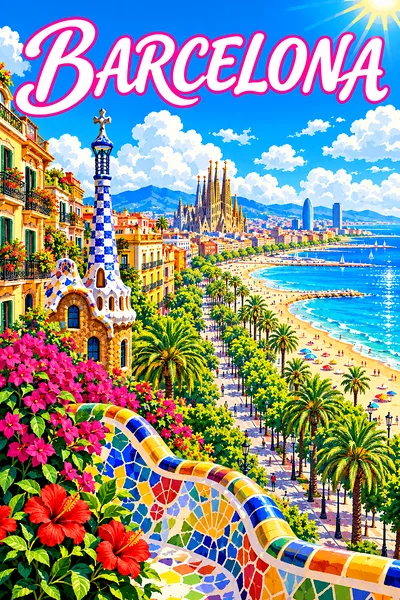 Retro travel poster illustration style diamond painting of Barcelona by day with ornate balconies, a tree-lined promenade, and a sandy beach under a b