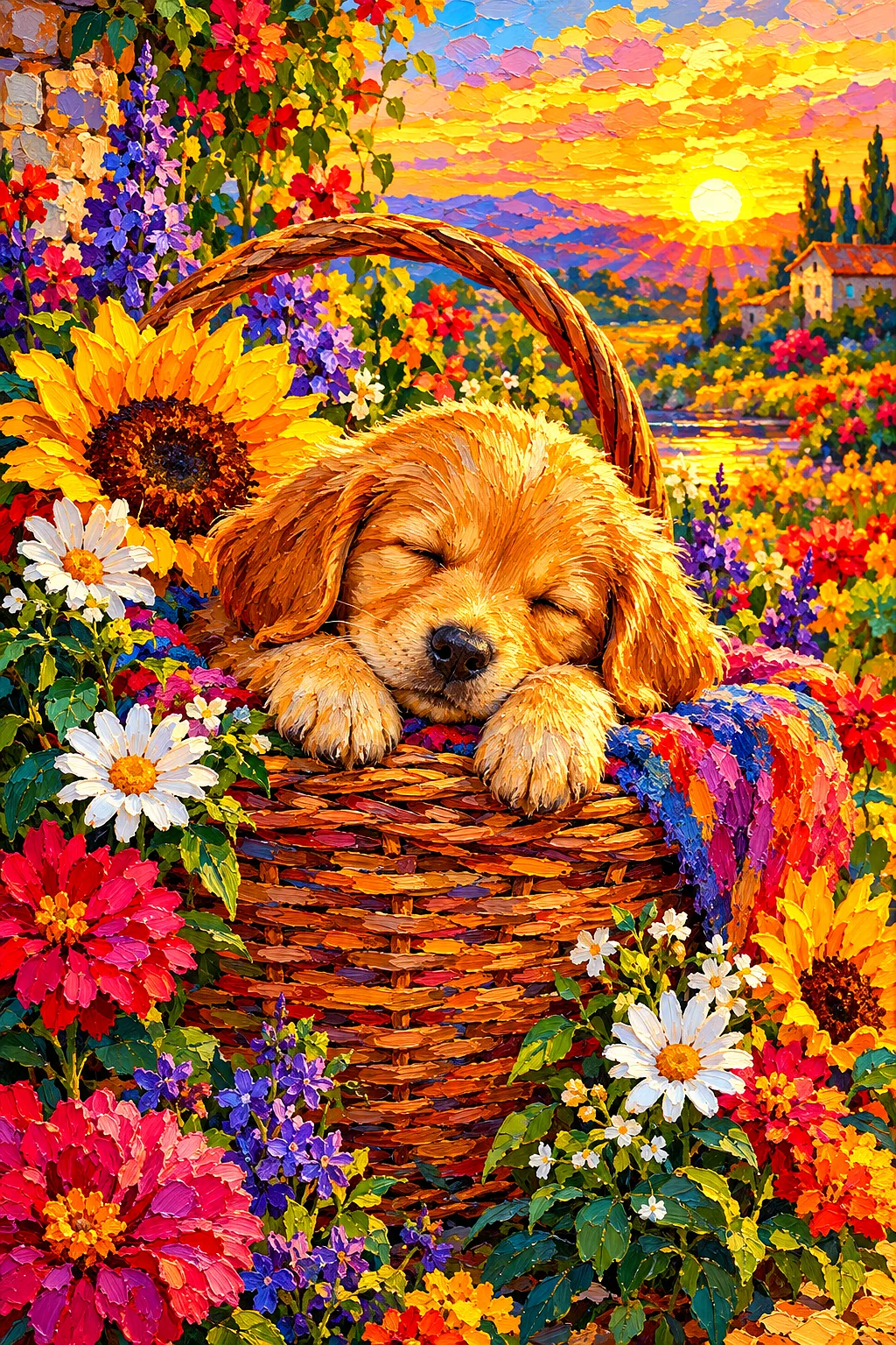 A diamond painting kit of a small, fluffy brown and white puppy sleeping soundly in a woven basket overflowing with orange, yellow, and red flowers, a