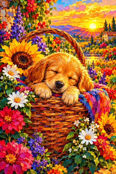 A diamond painting kit of a small, fluffy brown and white puppy sleeping soundly in a woven basket overflowing with orange, yellow, and red flowers, a