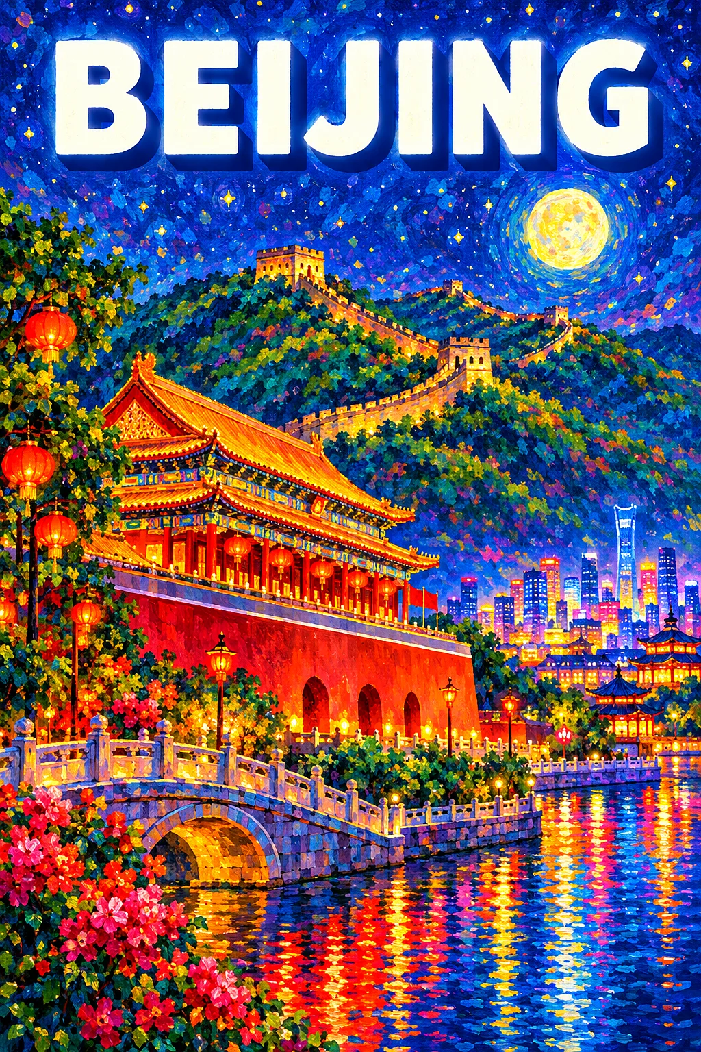 Portrait diamond painting of a vermilion palace gate with golden roofs and red lanterns, a winding Great Wall, glowing windows, city lights, and refle