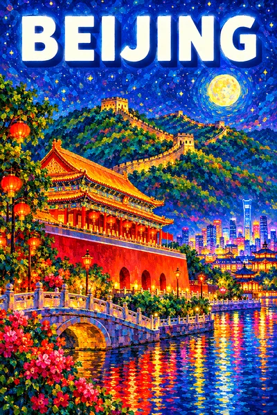Portrait diamond painting of a vermilion palace gate with golden roofs and red lanterns, a winding Great Wall, glowing windows, city lights, and refle